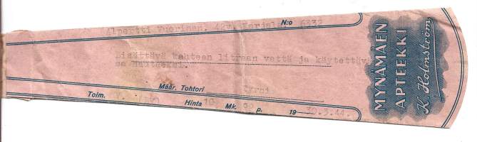 Mynämäen Apteekki  K Holmström , resepti  signatuuri  1944