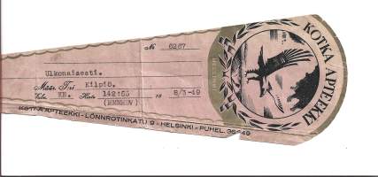 Kotka  Apteekki Helsinki  - resepti signatuuri  1949
