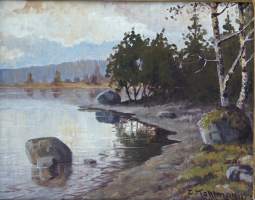 Ejnar Kohlman, &quot;Rantamaisema&quot; öljymaalaus levylle sign kehystetty 40x58 cm