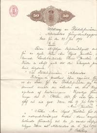 Utdrag av Rådstufurätte Nikolaistad Vaasa  50 penniä 1894 veromerkkipaperi  2 sivua asiakirja
