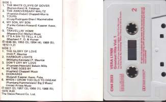 C-kasetti - Vera Lynn - Greatest Hits vol.1. 1981.  (CN4 2033),  12 raitaa. Nostagisia hittejä.