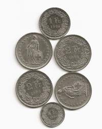 Sveitsin Frangeja 9,50 CHF - ulkomainen kolikko yht 6 kpl