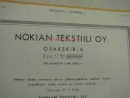 Nokian Tekstiili Oy, Tampere 1955, 3 000 mk -osakekirja