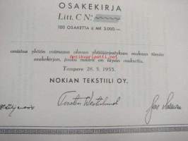 Nokian Tekstiili Oy, Tampere 1955, 3 000 mk -osakekirja