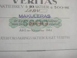 Återförsäkringsaktiebolaget Veritas, Åbo 1941, 5 000 mk Litt. B -osakekirja