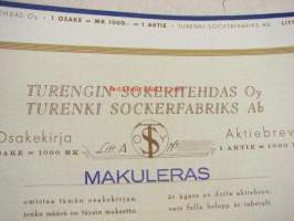 Turengin Sokeritehdas Oy, Turenki 1943, 10 000 mk -osakekirja