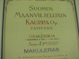 Suomen Maanviljelijäin Kauppa Oy, Tampere 1941, 100 mk -osakekirja