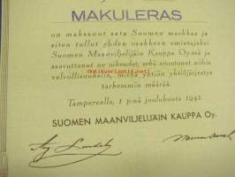Suomen Maanviljelijäin Kauppa Oy, Tampere 1941, 100 mk -osakekirja