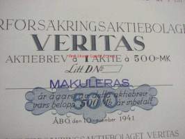 Återförsäkringsaktiebolaget Veritas, Åbo 1941, 500 mk Litt. D -osakekirja