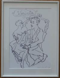 Ulla Ruppa ent Virta, &quot;Kosinta&quot; tussipiirustus sign Ulla Virta -2008 koko 38x28 cm kehystetty