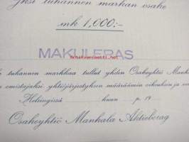 Osakeyhtiö Mankala Aktiebolag, Helsinki, 1 000 mk -osakekirja