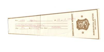 Merikarvian  Apteekki Emil Lindeman   resepti signatuuri  1945