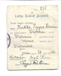 Lotta Svärd järjestö jäsenkortin puolikas Varusjaosto Viipuri 1942