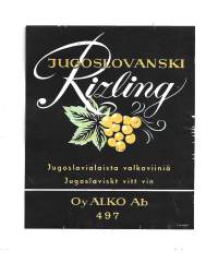 Rizling Jugoslavialaista  valkoviiniä -viinietiketti  viinaetiketti