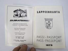 Lappeenranta passi - passport - pass - passeport 1973 -matkailumainos / esitettelykirja paikkaunnan ravintoloista kaupoista, liikenteestä yms.