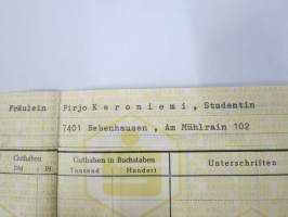 Kreissparkasse Tübingen - Sparkassenbuch Nr. 157093, Fräulein (Studentin) Pirjo Keroniemi