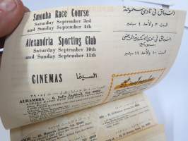 Weeks in Alexandria (Egypt), 3-16 September 1960 -englannin- ja arabiankielinen opas suurkaupungin hotelli-, matkailu-, laivaristeily- ym. tarjontaan