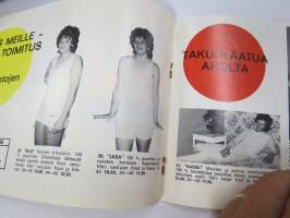 Ahon Turkis, Mieto -postimyyntikuvasto kevät-kesä 1973, takit, lakit, , saappaat, hansikkaat, autovällyt, istuinsuojat, vaatteet, kodin kankaat, ym.