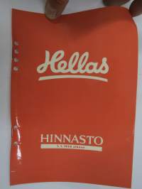 Hellas hinnasto 1956 -tuoteluettelo, hyvät kuvituskuvat pakkauksista mm. piiput, Musta Pekka Lakrtitsipötkö, Suupala, Ramona, Haiti