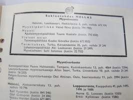 Hellas hinnasto 1956 -tuoteluettelo, hyvät kuvituskuvat pakkauksista mm. piiput, Musta Pekka Lakrtitsipötkö, Suupala, Ramona, Haiti