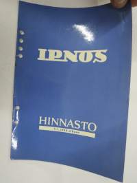 Ipnos hinnasto 1956 -tuoteluettelo, hyvät kuvituskuvat pakkauksista mm. Vanilja, Seura, Canasta, Triton