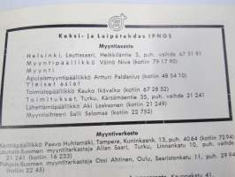 Ipnos hinnasto 1956 -tuoteluettelo, hyvät kuvituskuvat pakkauksista mm. Vanilja, Seura, Canasta, Triton