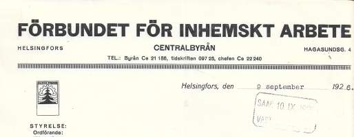 Förbundet för inhemskt arbete Helsingfors 1926-  firmalomake