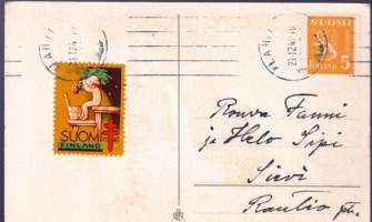 Postikortti - Rauhallista joulua (1949. Postimerkki leimattu Lahti 21.XII49. (Kuvataide 286/10). Mukana myös joulumerkki 1949!!