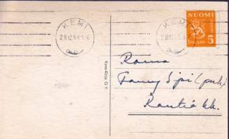 Postikortti - Onnellista uutta vuotta (1948. Postimerkki leimattu Kemi 28.XII48. (Kuva-Kirja O.Y. 246 U.