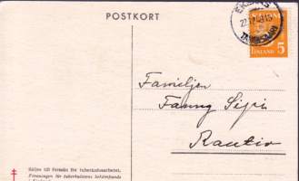 Postikortti - Fridfull Jul och Gott Nytt År (1948). Postimerkki leimattu Tammisaari 22.12.48. Tuberkuloosityön tukemiseksi.