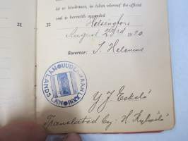 Suomi - Finland Lars Waldemar Lindman, matkapassi / passi nr 3034, 23.8.1920, ulkomaille, erittäin runsaasti leimoja &amp; leimamerkkejjä, lisälehti Saksaan yms.