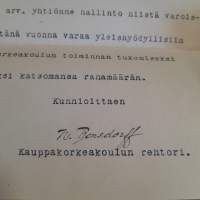 Kauppakorkeakoulu Helsingissä maalis. 2 pv 1926 ...pyytämään avustusta korkeakoulun toiminnan tukemiseen...
