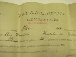 Vapaa-lippuja (astutukseen) lehmälle &quot;ALKU&quot; sekarotua Uusitalon tila Koski Tl - lomake 1900-luvun alusta