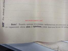 Vapaa-lippuja (astutukseen) lehmälle &quot;ALKU&quot; sekarotua Uusitalon tila Koski Tl - lomake 1900-luvun alusta