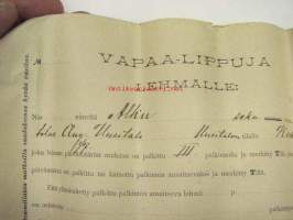 Vapaa-lippuja (astutukseen) lehmälle &quot;ALKU&quot; sekarotua Uusitalon tila Koski Tl - lomake 1900-luvun alusta