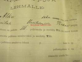 Vapaa-lippuja (astutukseen) lehmälle &quot;ALKU&quot; sekarotua Uusitalon tila Koski Tl - lomake 1900-luvun alusta