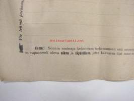 Vapaa-lippuja (astutukseen) lehmälle &quot;ALKU&quot; sekarotua Uusitalon tila Koski Tl - lomake 1900-luvun alusta