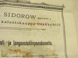 Sikkaus-, pertteli- ja langansisäänpanokoneota läkkitöihin (Peltitöihin) P. Sidorow Oy -myyntiesite