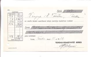 Tehdas Oy Seres Turku 1930 kuitti - firmalomake