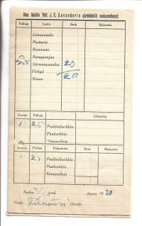 Teht. Kavander Turku 1930 - firmalomake / Olen tänään vastaanottanut ajomieheltä Sitruunasoodaa ja palautettu Posliinikorkkia