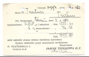 Jaavan Teekauppa Oy Helsinki 1930  firmakortti