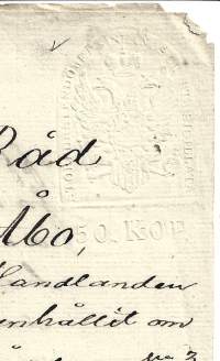Veroleimapaperi 50 kop kohopainoleima  Kamreeri Carl Johan Lannér, kontrollileima m 1845 punainen  Vesileimapaperi JU (Juvankoski ) Åbo 1851 asiakirja