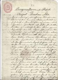 Veroleimapaperi 50 kop kohopainoleima  Kamreeri Carl Johan Lannér, kontrollileima m 1845 punainen  Vesileimapaperi JU (Juvankoski ) Åbo 1851 asiakirja