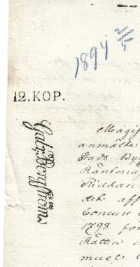 Veroleimapaperi 12 kop kohopainoleima  Kamreeri Gabr Borgström  Vesileimapaperi USKELA   Åbo 1835 asiakirja