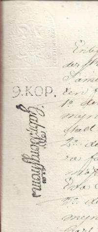 Veroleimapaperi 9 kop kohopainoleima  Kamreeri Gabr Borgström  Vesileimapaperi Tervakoski  vahasinetti  Åbo 1835 asiakirja