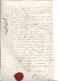 Veroleimapaperi 9 kop kohopainoleima  Kamreeri Gabr Borgström  Vesileimapaperi Tervakoski  vahasinetti  Åbo 1835 asiakirja
