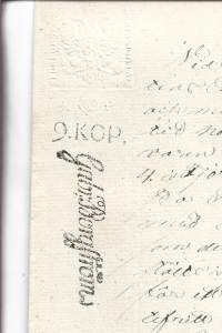 Veroleimapaperi 9 kop kohopainoleima  Kamreeri Gabr Borgström  Vesileimapaperi Tervakoski  vahasinetti  Åbo 1835 asiakirja