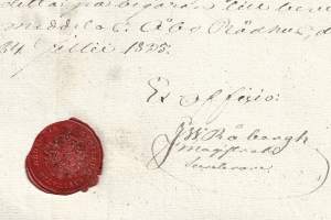 Veroleimapaperi 9 kop kohopainoleima  Kamreeri Gabr Borgström  Vesileimapaperi Tervakoski  vahasinetti  Åbo 1835 asiakirja