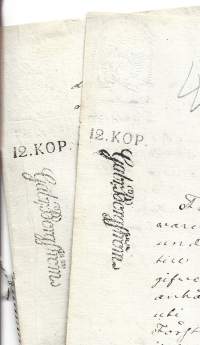 Veroleimapaperi 12 kop kohopainoleima  Kamreeri Gabr Borgström  Vesileimapaperi USKELA   Åbo 1835 asiakirja 2 kpl erä