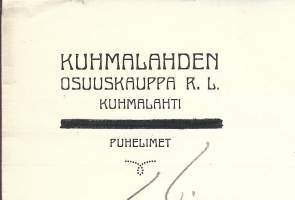Kuhmalahden  Osuuskauppa rl Kuhmalahti 1921 - firmalomake